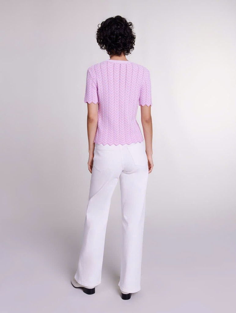 Áo Maje cotton lưới dệt thoi cổ tròn hồng viền trắng