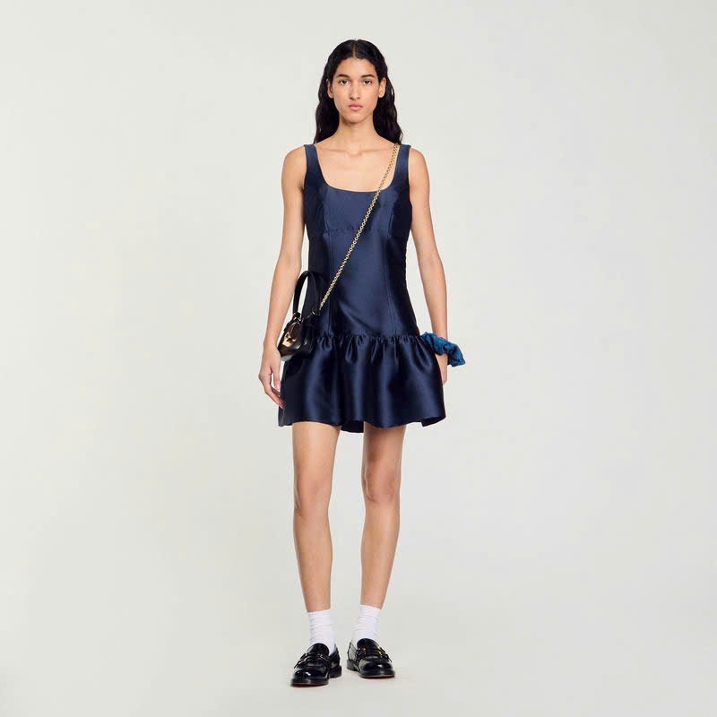 Đầm Sandro satin màu navy hạ eo