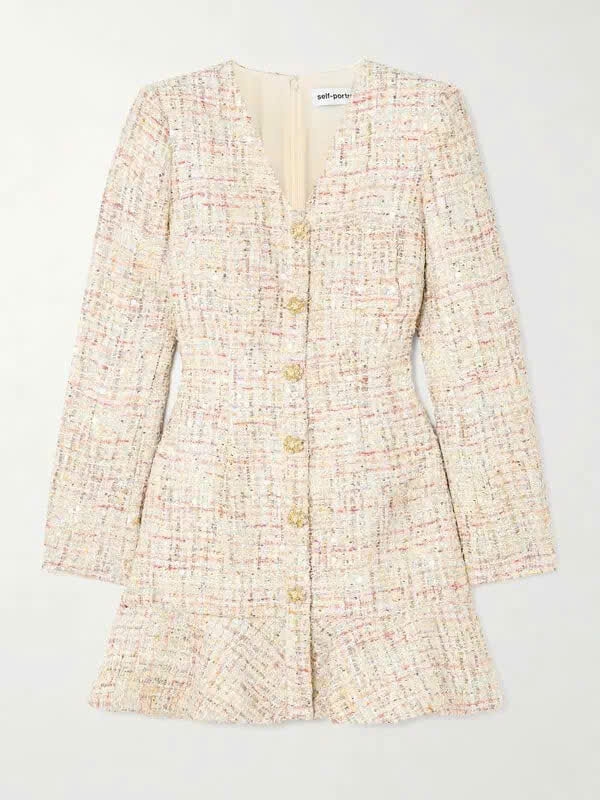 Váy Self-Portrait tweed nhũ cổ V đuôi cá