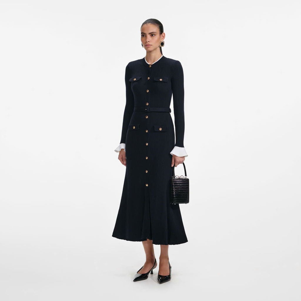Váy MIDI dệt kim viscose màu xanh navy