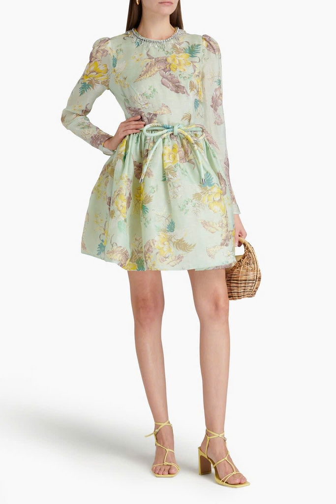 Váy Zimmermann MATCHMAKER TULIP MINI DRESS hoa xanh dài tay cổ đá