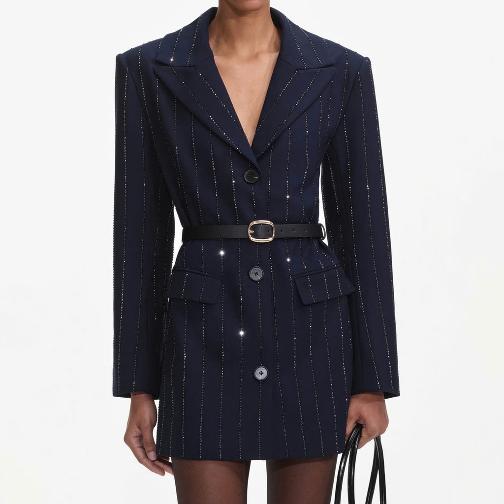 Áo khoác blazer kẻ sọc đính đá xanh navy