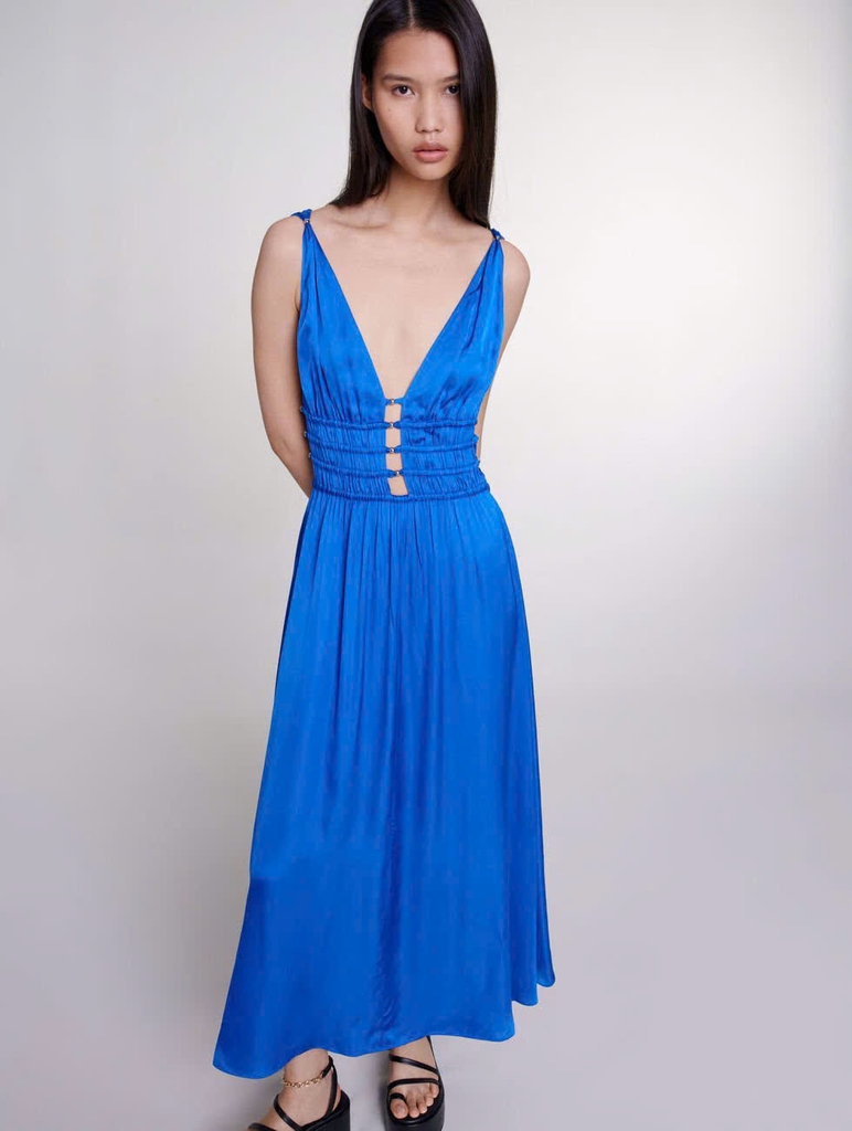 Váy maxi Maje lụa cut-out ngực giọt lệ 3 màu