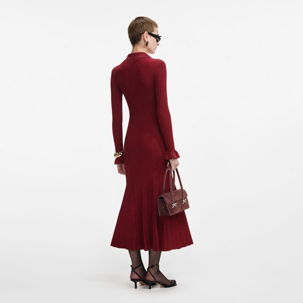 Váy MIDI dệt kim gân đỏ Burgundy