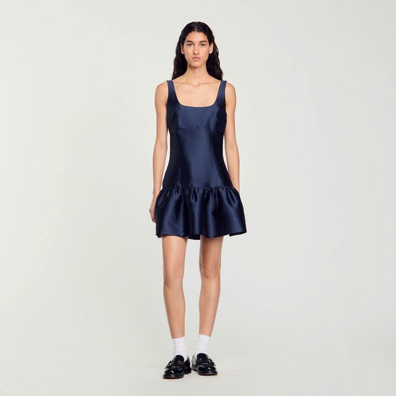 Đầm Sandro satin màu navy hạ eo