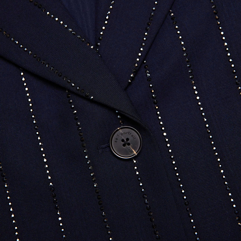 Áo khoác blazer kẻ sọc đính đá xanh navy