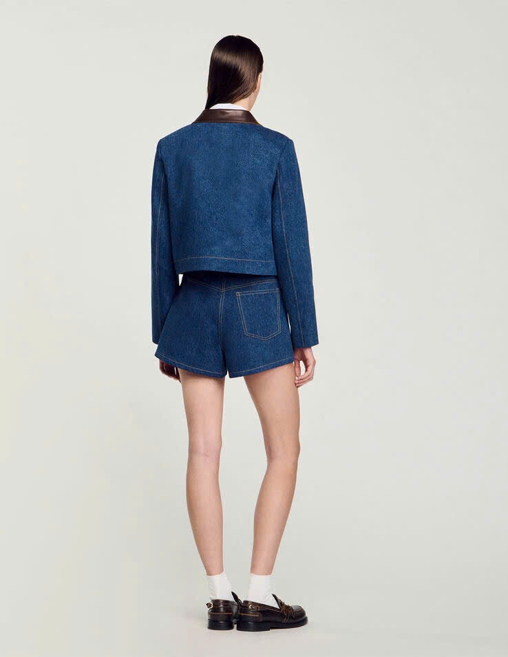 Áo khoác Sandro denim viền da nâu (tách set)