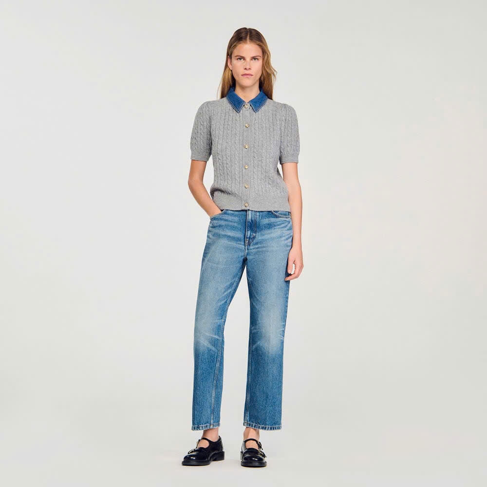Áo len Sandro  ngắn tay màu tàn cổ denim