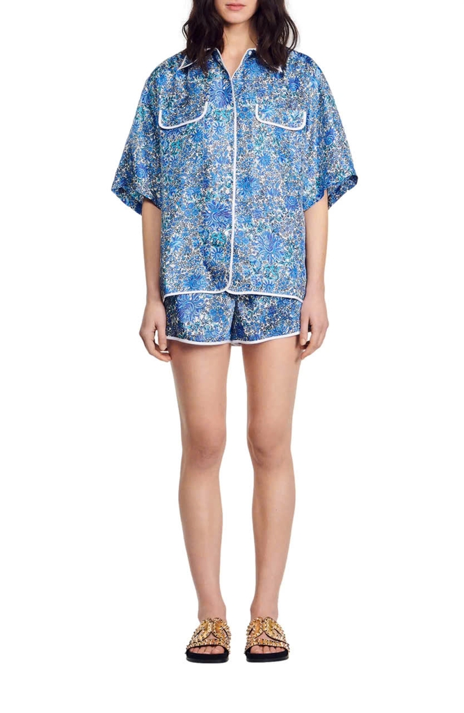 Set lụa Sandro hoa xanh Áo sơ mi + Quần short