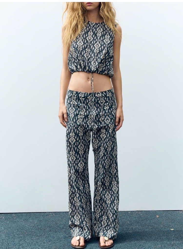 Set Zara màu loang đen trắng áo croptop  quần suông dài