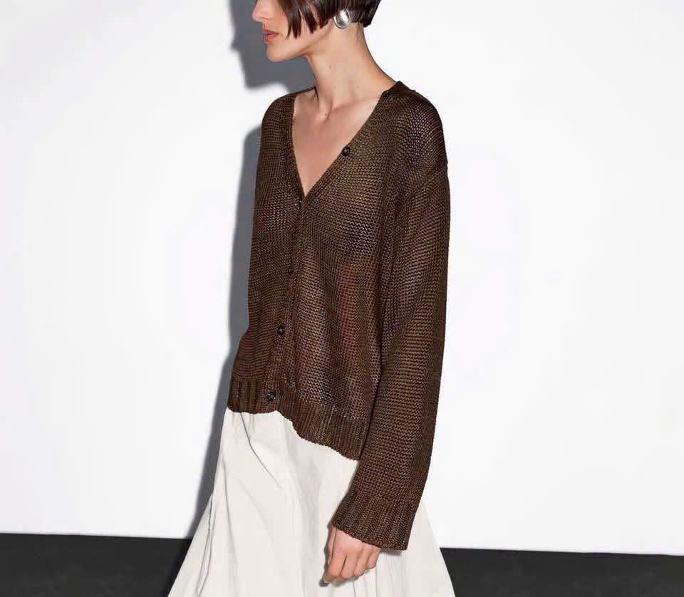 Áo Cardigan  Massimo Dutti Dệt Kim Mũi Thưa Cổ V