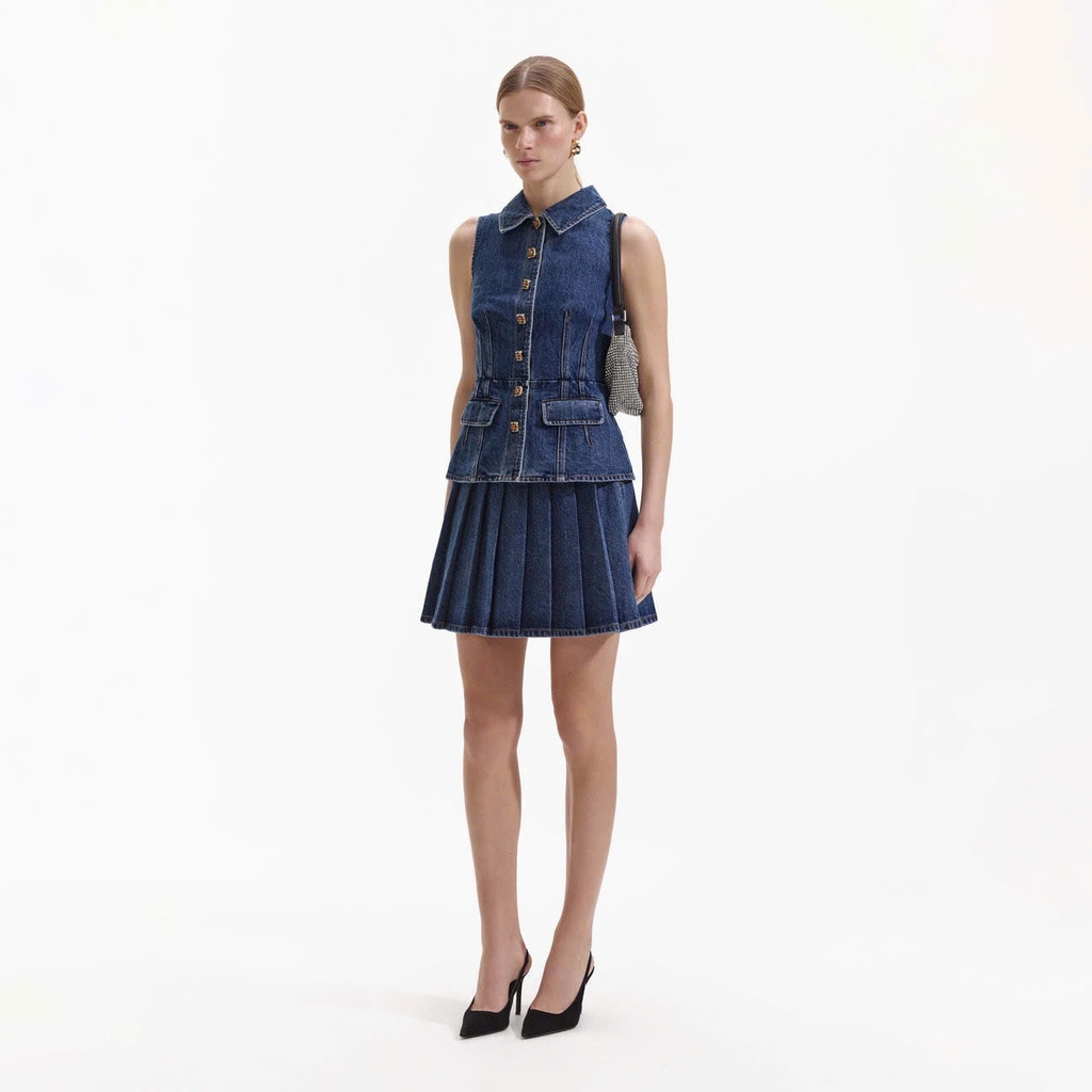 Set denim Self- Portrait ngắn tay 2 túi ngực chân váy mini