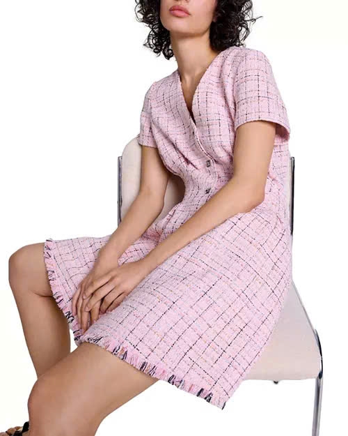 Đầm ngắn tweed ôm eo viền tua rua