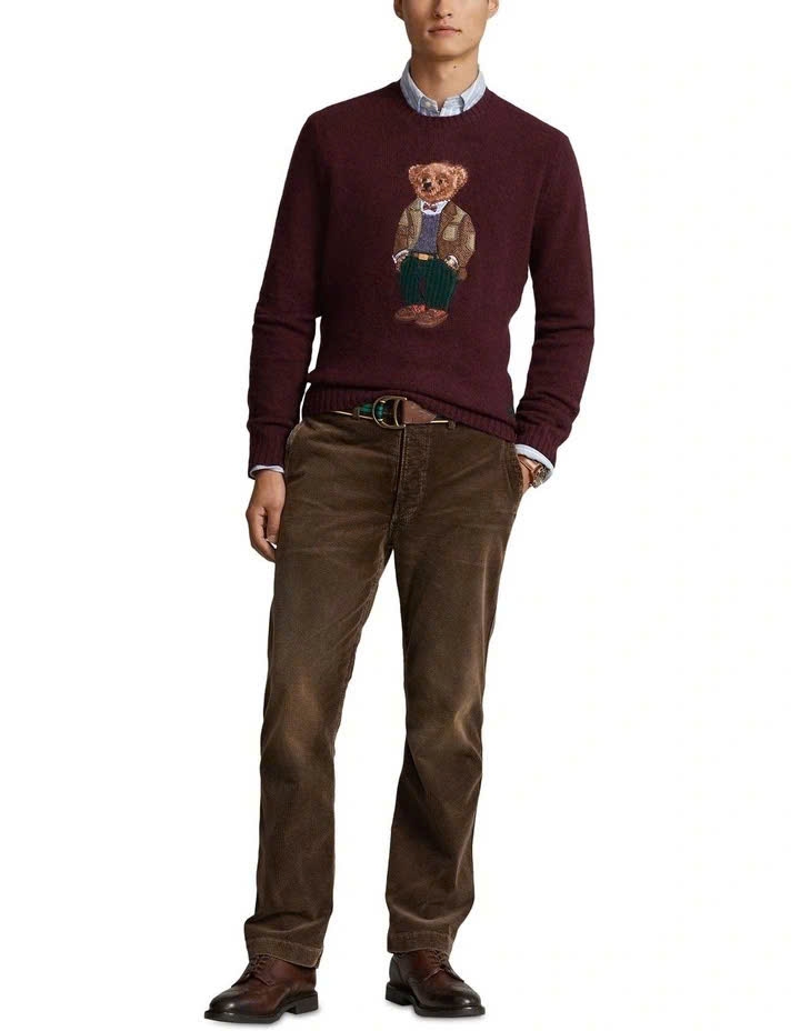 Áo Polo Bear gấu mặc vest kẻ màu đỏ boocđo