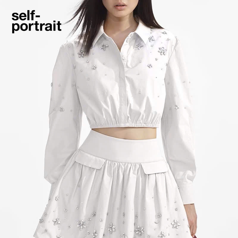 Set Self- Portrait Áo sơ mi đính đá chân váy mini