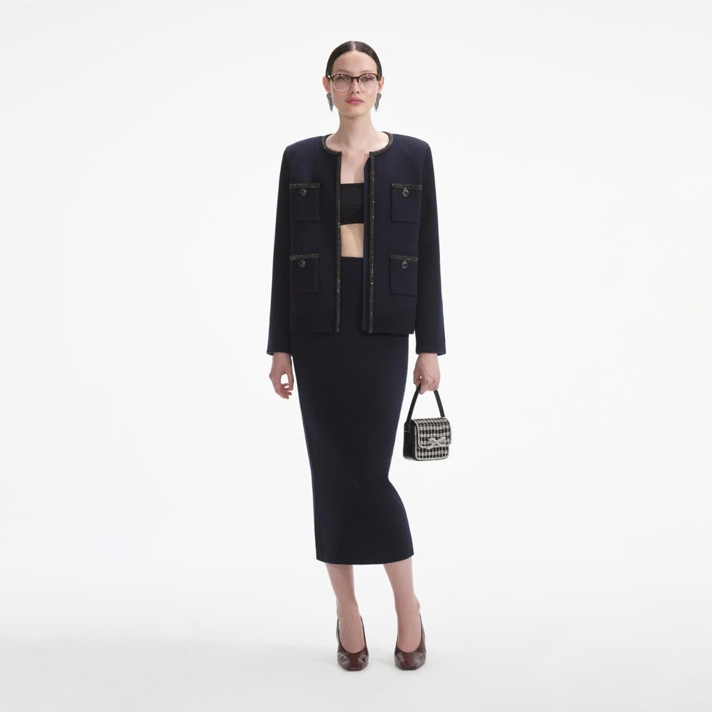 Áo khoác len cardigan đính họa tiết xanh navy
