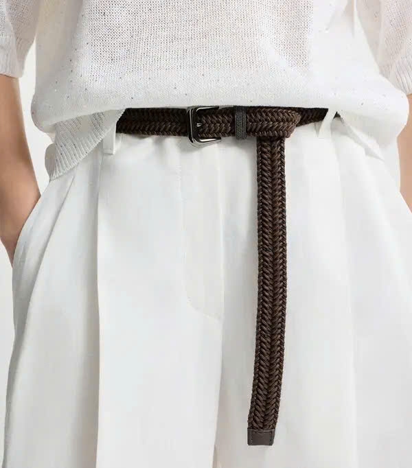 Belt Brunello Cucinelli chất co đan cói giãn phối da 2 màu Sz104x2.5cm