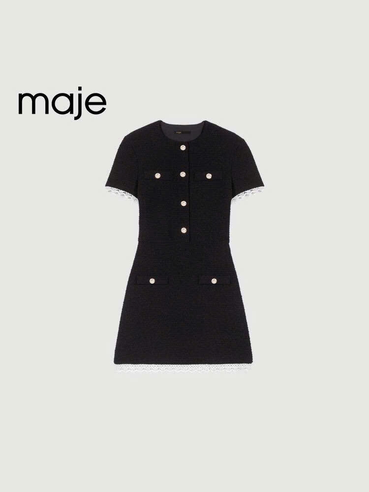 Váy dạ tweed đen MAJE viền ren