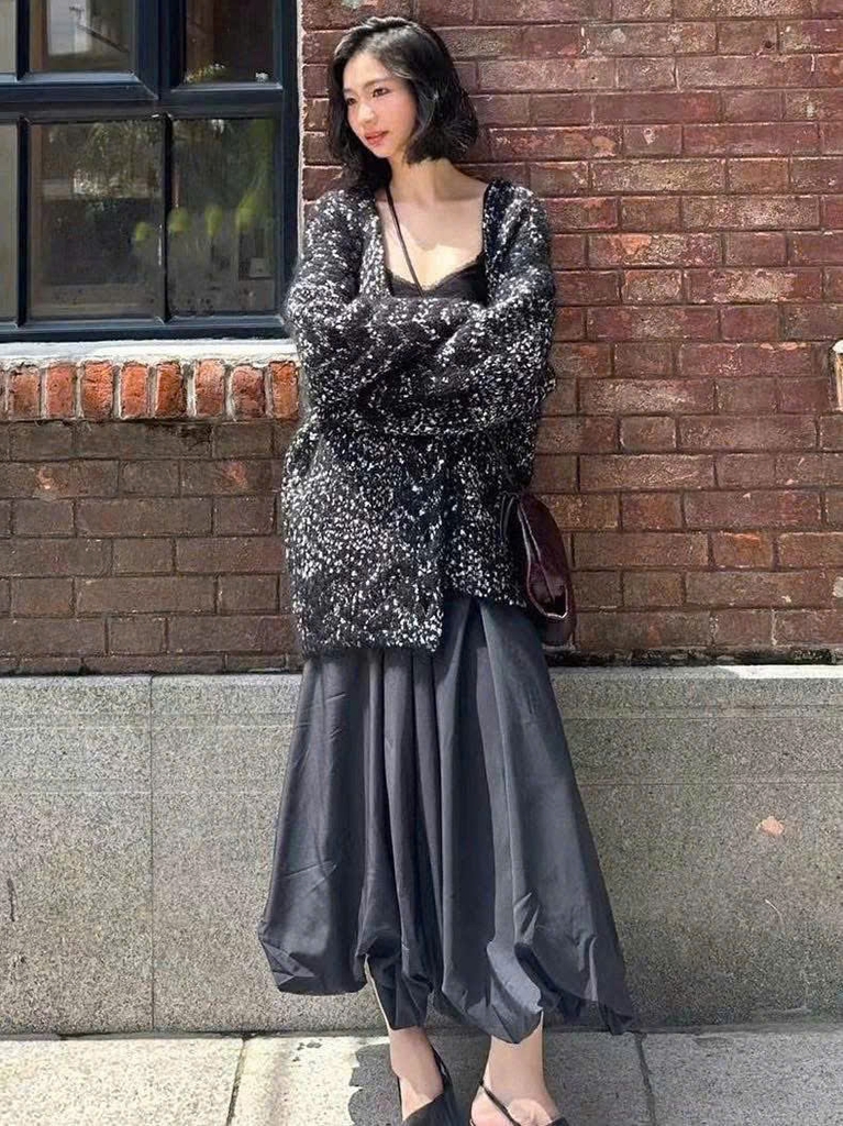 Cardigan COS len thừng màu muối tiêu dáng loose