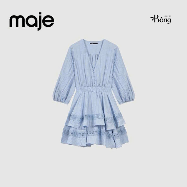Váy Maje xanh biển cổ V chun eo thêu ren dập