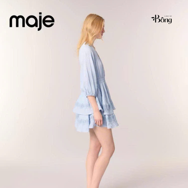 Váy Maje xanh biển cổ V chun eo thêu ren dập
