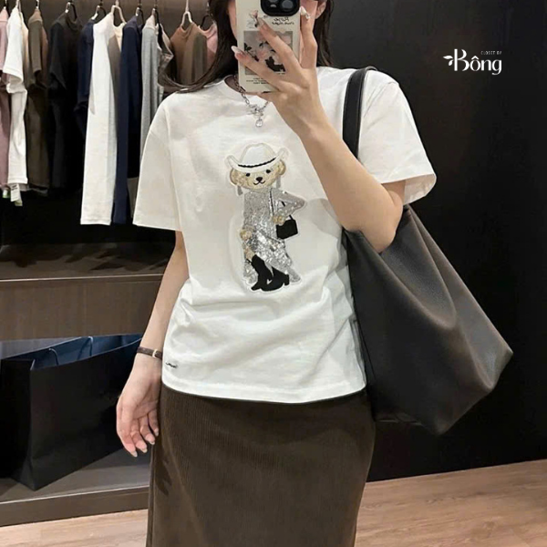 Tshirt Polo RL trắng gấu đính cườm