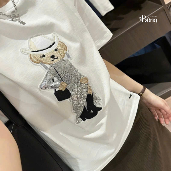 Tshirt Polo RL trắng gấu đính cườm