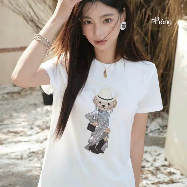 Tshirt Polo RL trắng gấu đính cườm