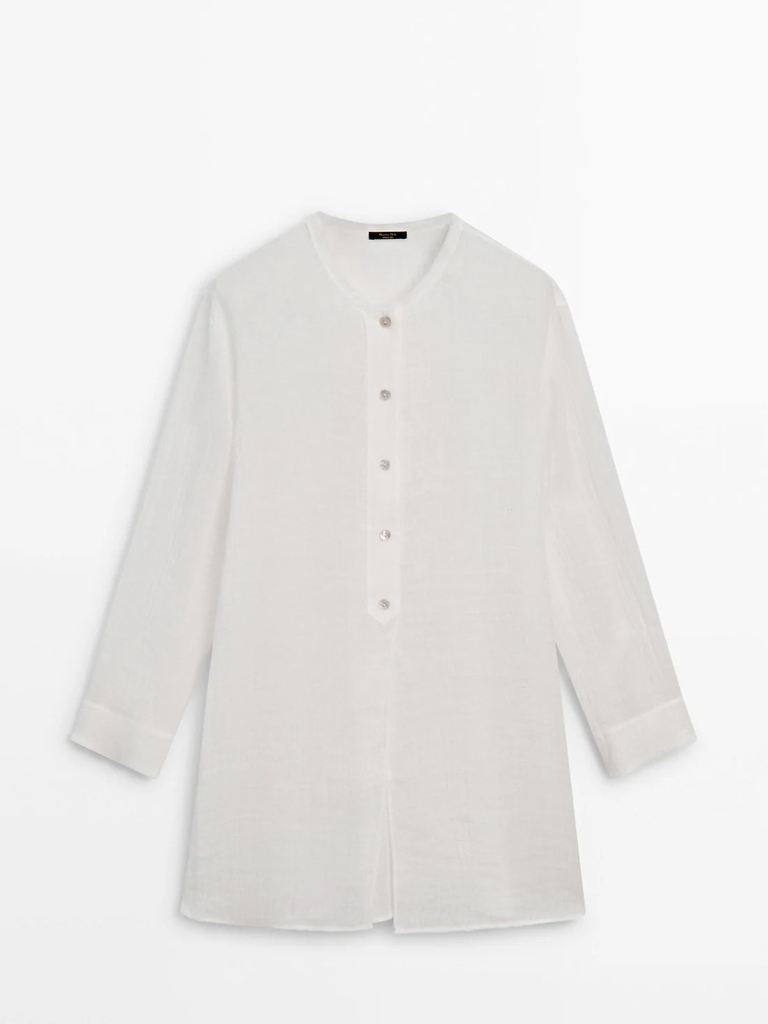 Sơ mi Massimo Dutti dáng dài cổ trụ khuy khảm trai