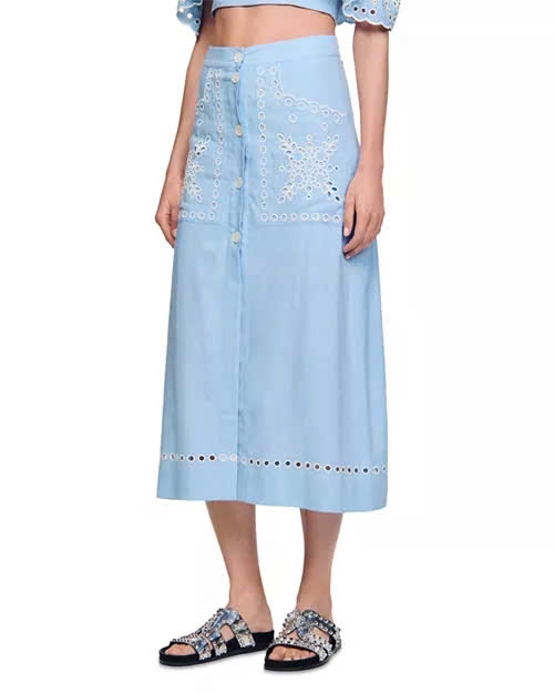 Chân váy Sandro linen xanh ren chỉ trắng