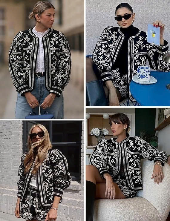 Áo khoác khaki Sezane đen họa tiết ren chỉ trắng