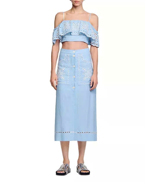Chân váy Sandro linen xanh ren chỉ trắng