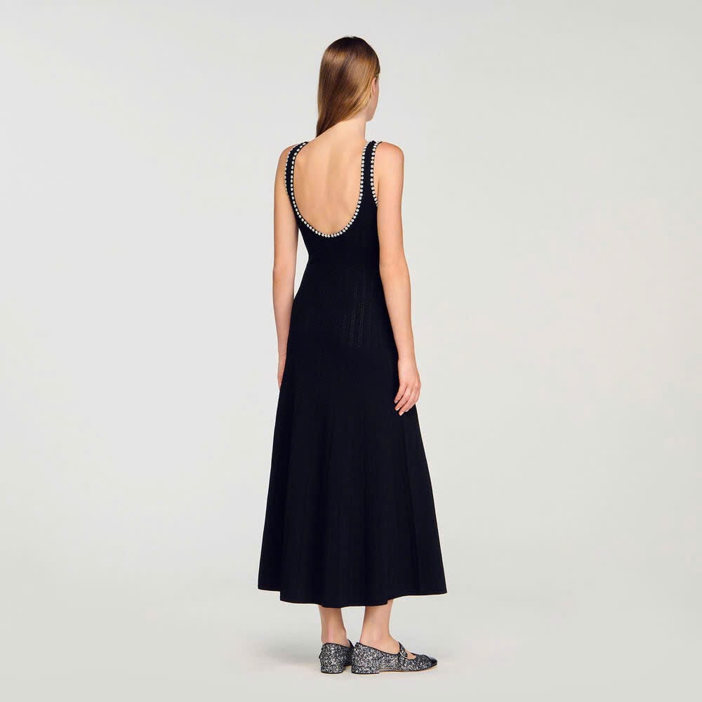 Váy maxi Sandro knit đen viền ngọc trai trắng