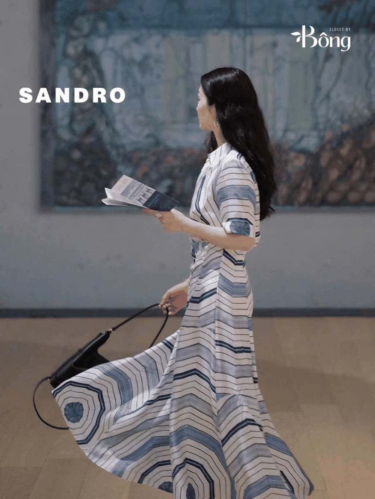Váy maxi lụa Sandro cổ đức họa tiết xoắn ốc