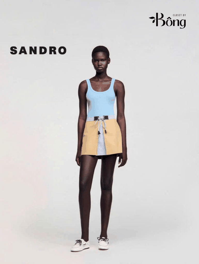 Chân váy mini Sandro màu khaki cải kẻ dây rút