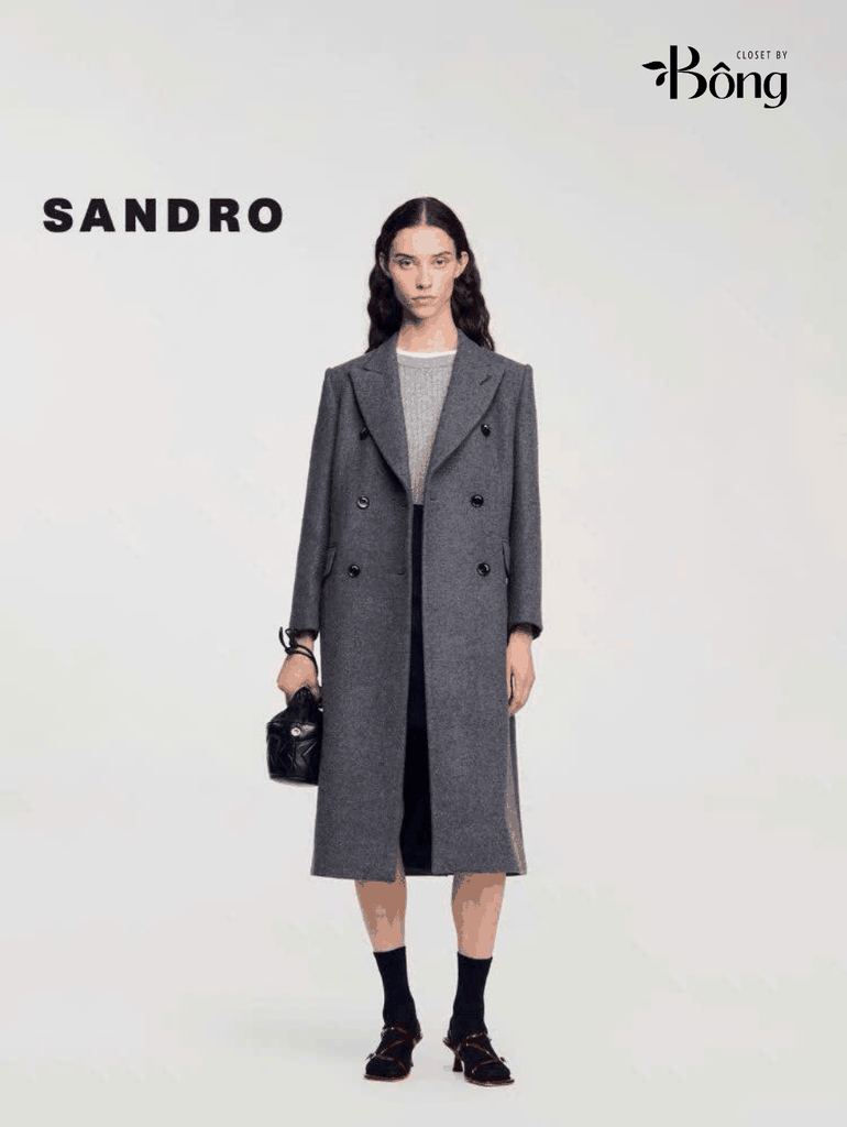 Longcoat dạ Sandro màu lông chuột cổ bẻ