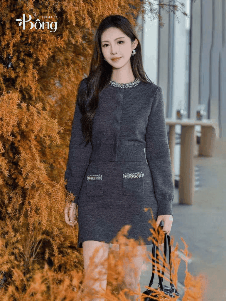 Chân váy len Sel-Portrait viền đá dáng mini (set 2pcs không tách)