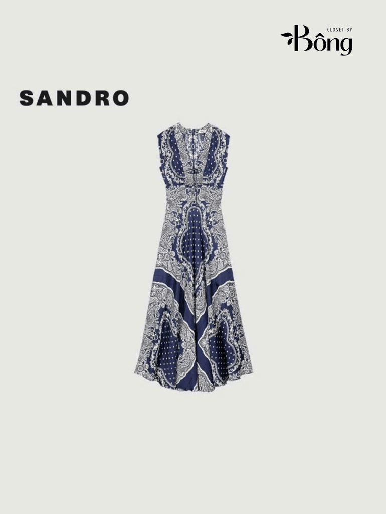 Váy maxi Sandro sát nách họa tiết thổ cẩm navy cổ V