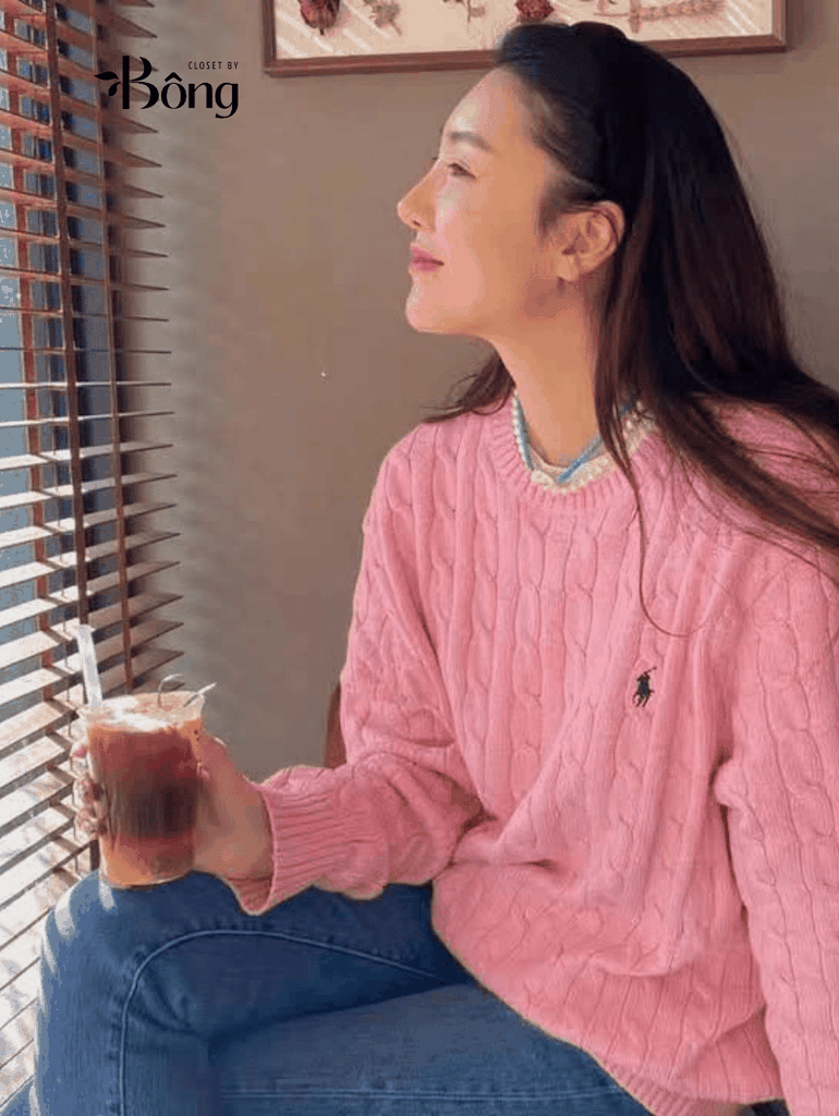 Áo len Polo cổ tròn vặn thừng nhỏ 5 màu tuồn auth 97% cashmere