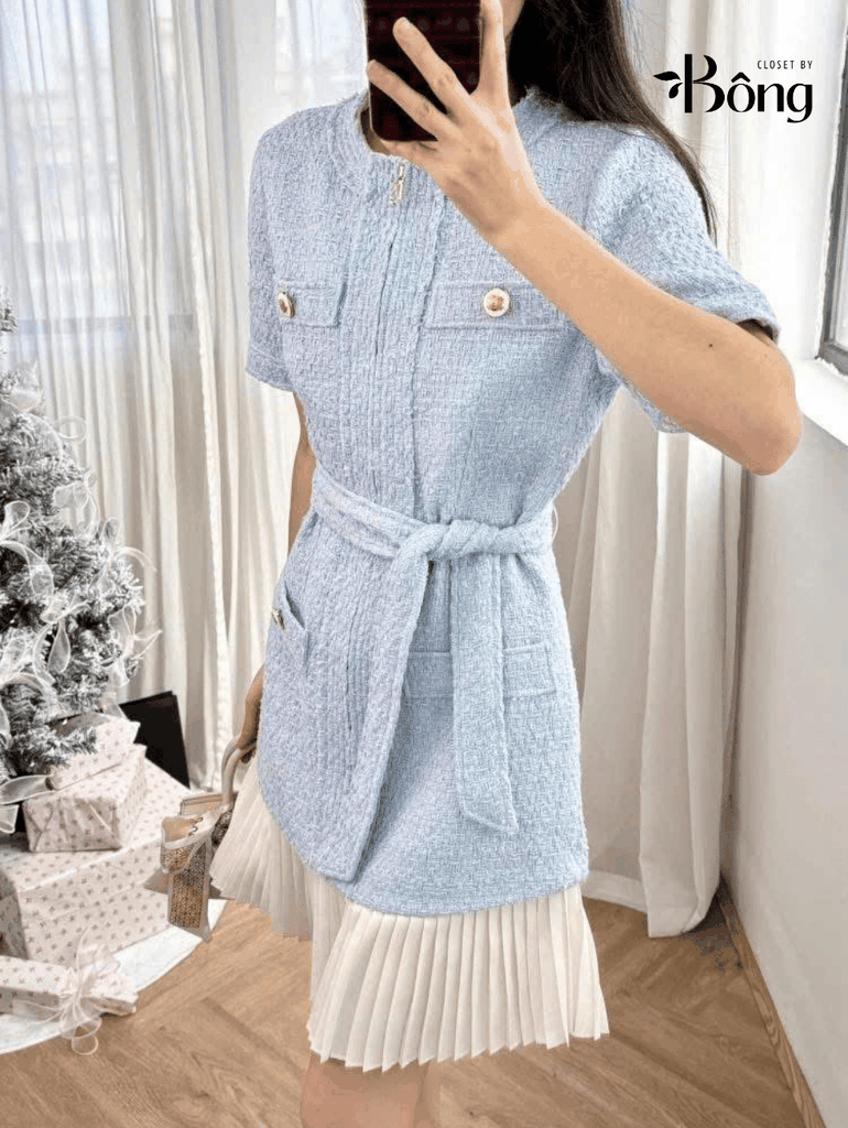 Váy dạ Sandro cộc tay 4 túi trước màu xanh kèm belt chân xếp ly