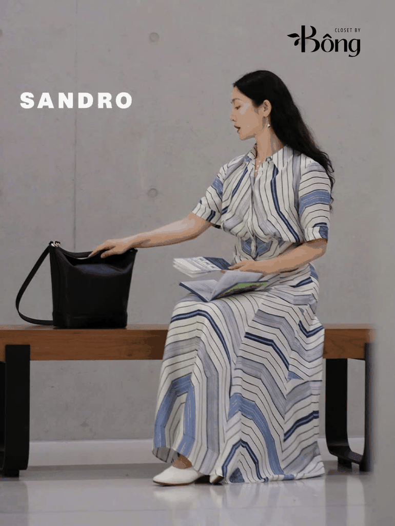 Váy maxi lụa Sandro cổ đức họa tiết xoắn ốc