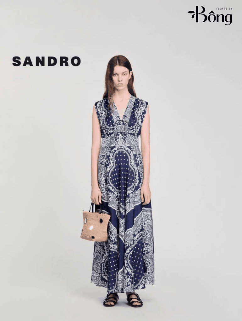 Váy maxi Sandro sát nách họa tiết thổ cẩm navy cổ V
