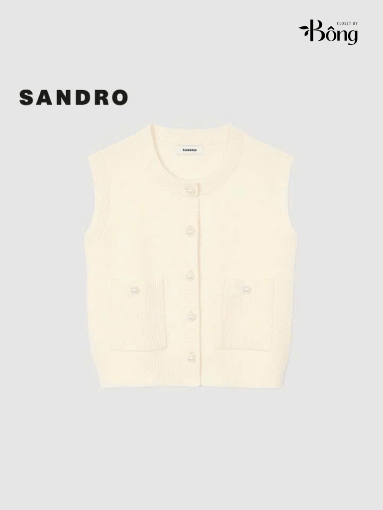 Gilet len Sandro màu kem 2 túi trước khuy ngọc trai