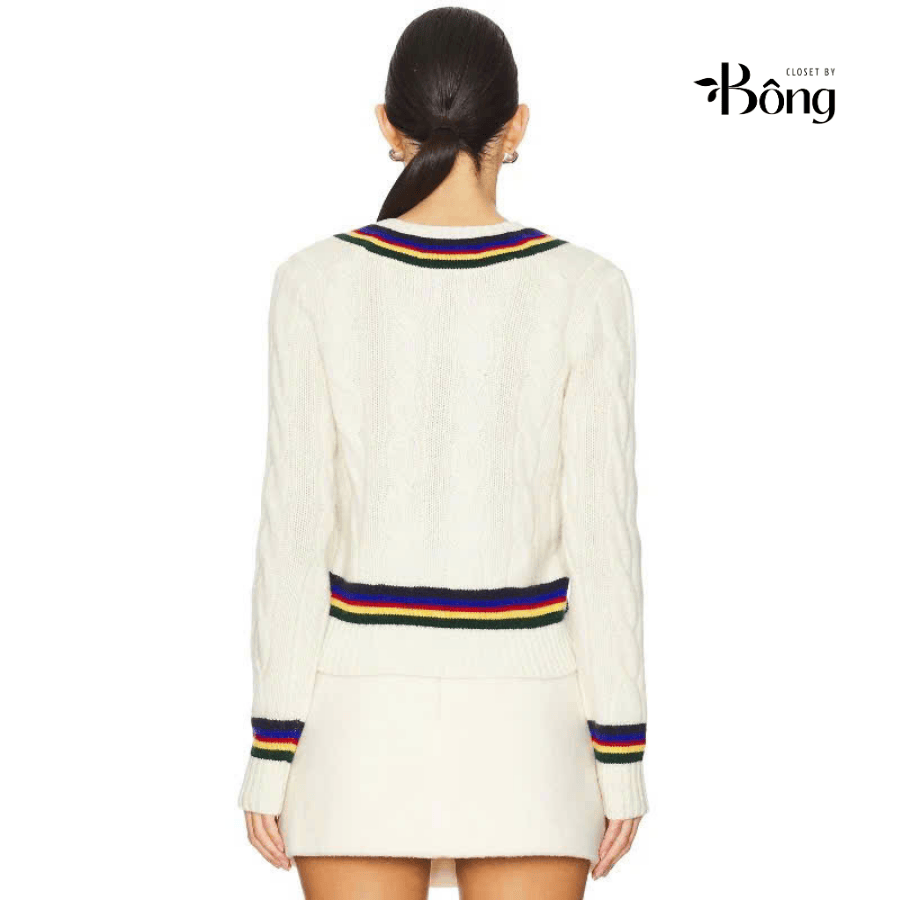 Áo len Polo trắng cổ V viền kẻ