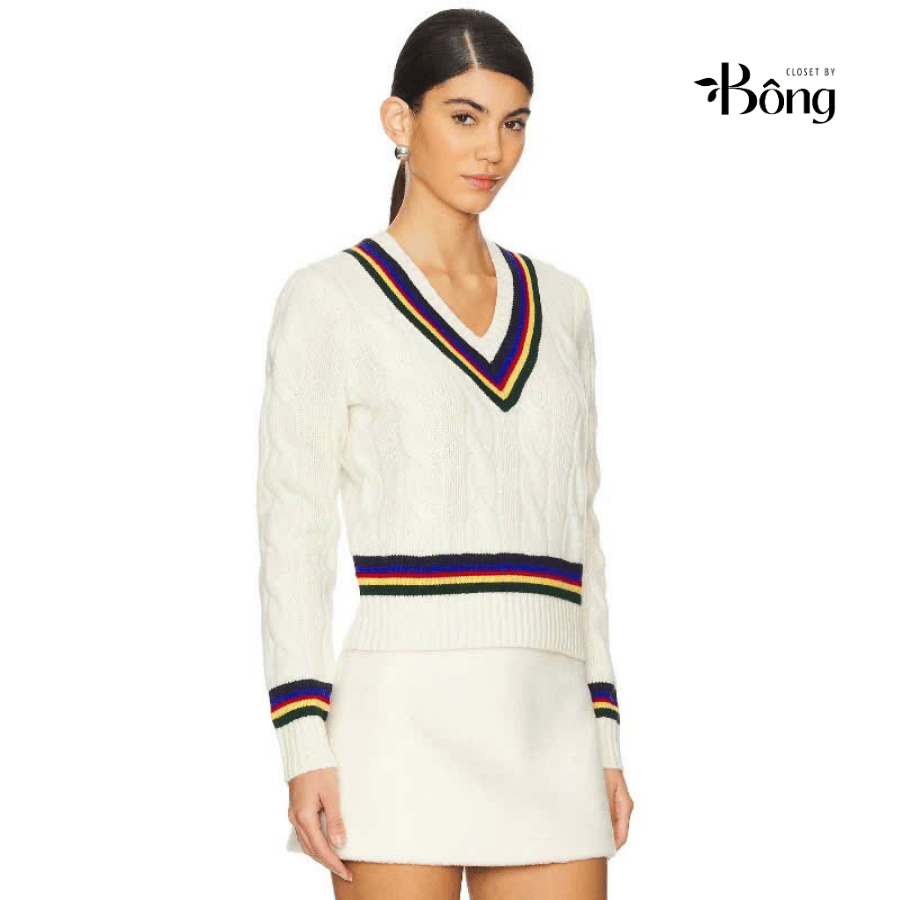 Áo len Polo trắng cổ V viền kẻ