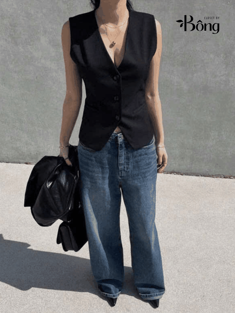 Quần denim CK dáng suông 2 màu