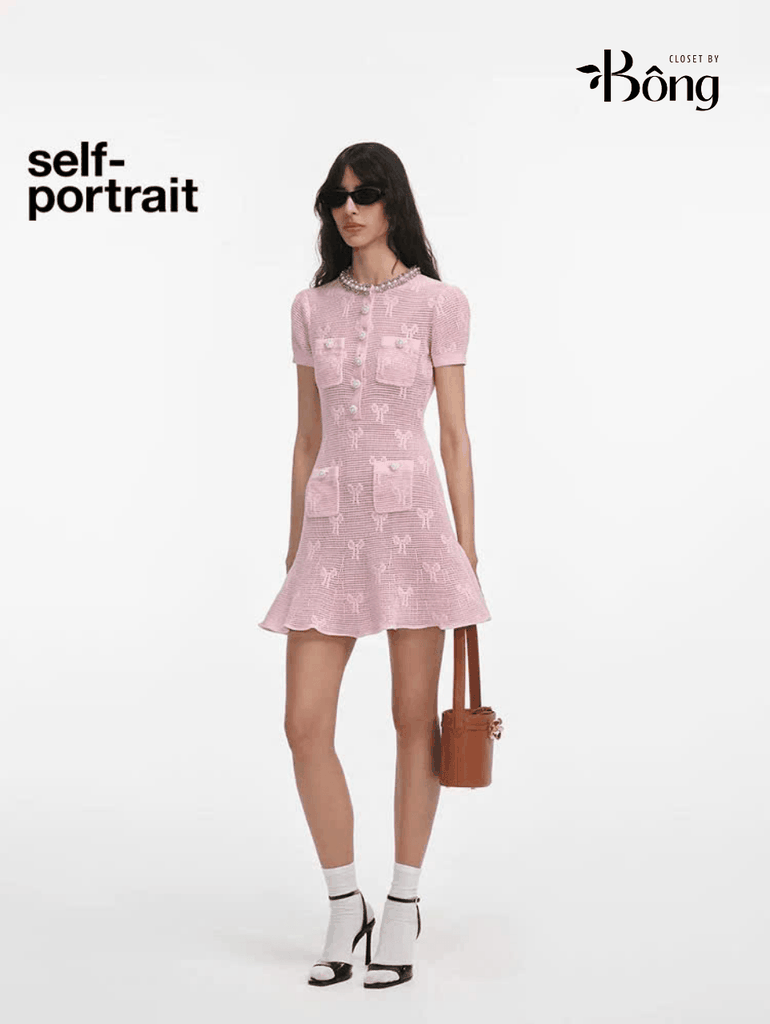 Váy Sel-Portrait len lưới hồng đuôi cá cổ đá ngọc trai