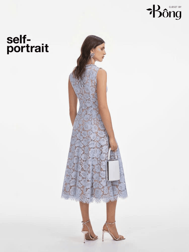 Váy maxi Sel-Portrait ren 3D cổ ngọc trai sát nách tím