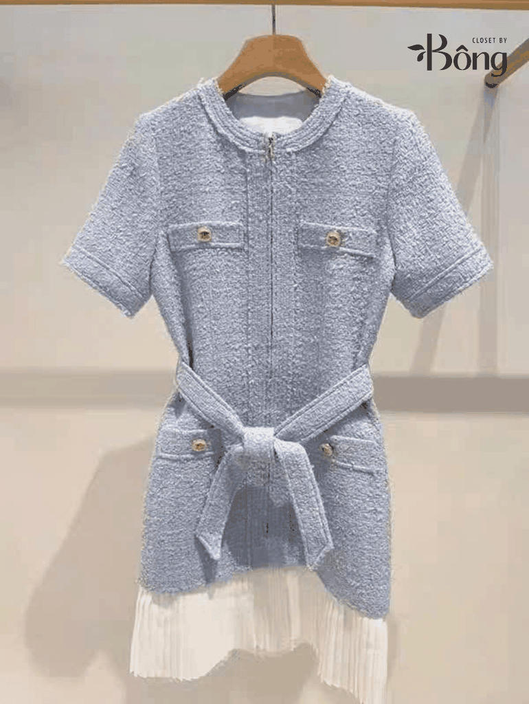 Váy dạ Sandro cộc tay 4 túi trước màu xanh kèm belt chân xếp ly