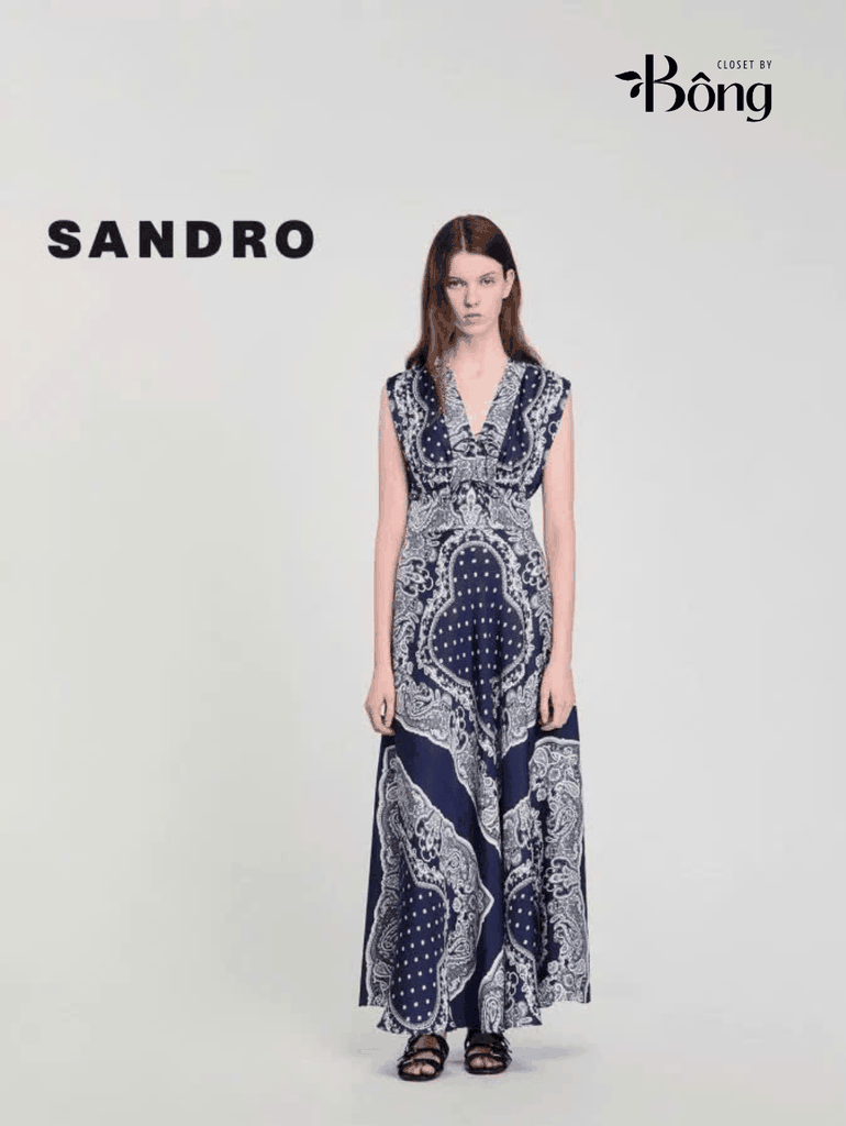 Váy maxi Sandro sát nách họa tiết thổ cẩm navy cổ V